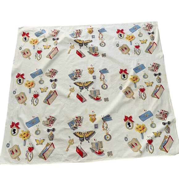 Vtg 40s 50s Wilendur Tablecloth Mementos Square Rare 54x49 Butterfly Key Heart - Picture 1 of 8